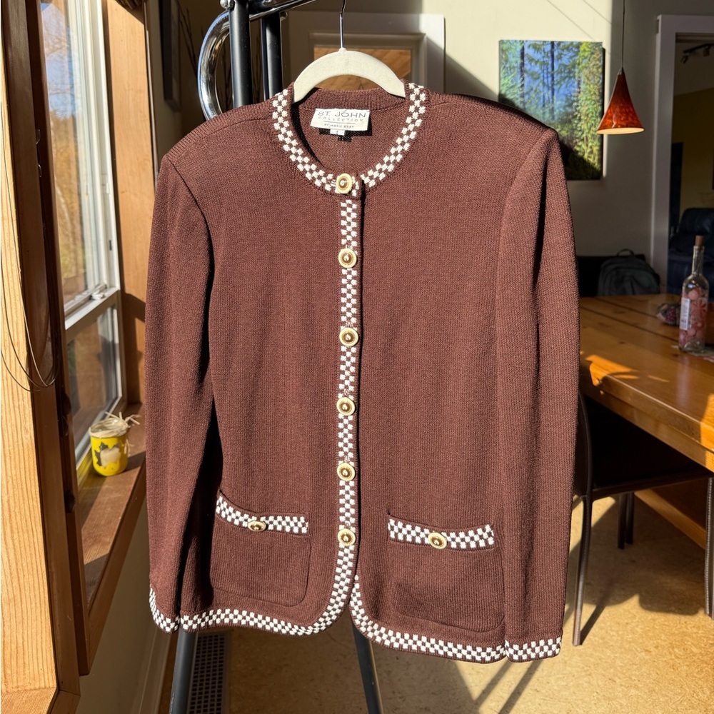 St. John Brown Jacket with Checkered Trim & Matching Skirt
